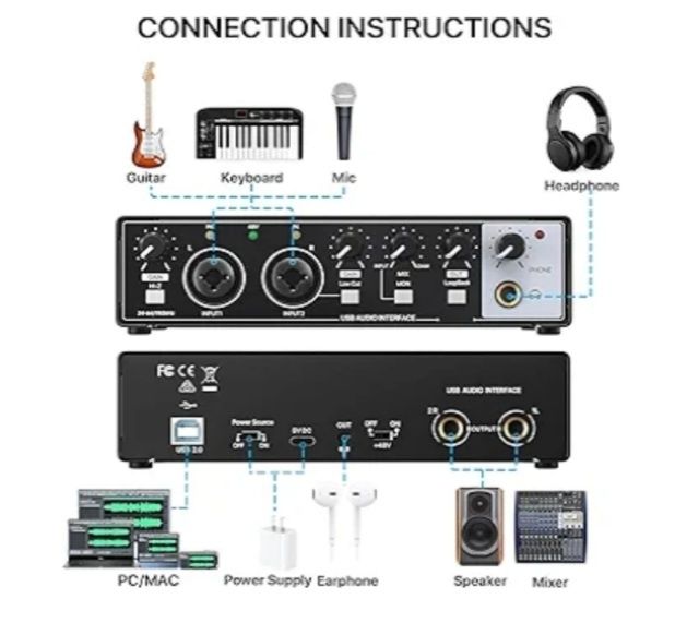 Yumin 1 Placa de Som para Estúdio de Gravação USB Interface de Áudio Profissional Equipamento de Som 48V Phantom para Gravação