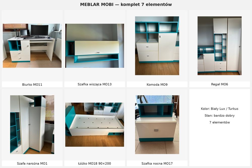 MEBLAR MOBI komplet 7 mebli młodzieżowych biały / turkus
