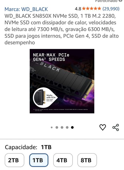 WD_BLACK SN850X NVMe SSD, 1 TB , Ps5 M.2 2280