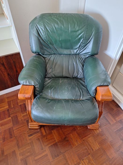 Green Leather and Wood Sofas