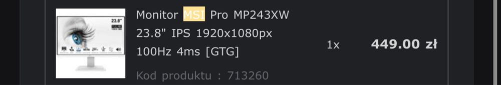 Monitor MSI Pro MP243XW 23.8" IPS 1920x1080px 100Hz 4ms [GTG]