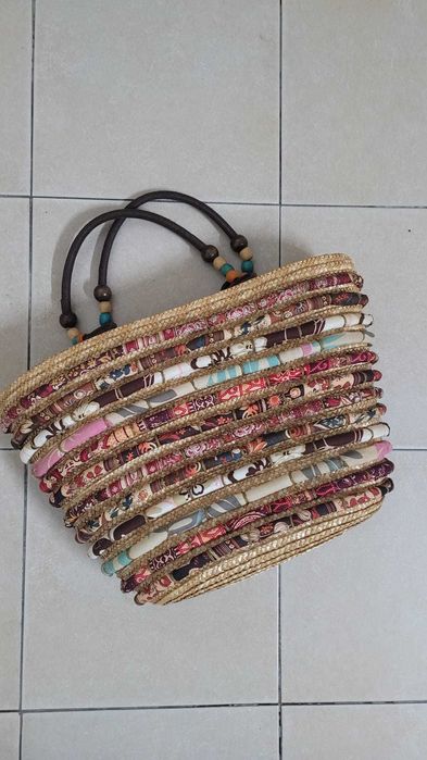 Mala de Praia / Mala de Mão em Verga e Tecido Étnico (Estilo Boho)