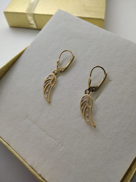 Złote wiszące kolczyki skrzydła złoto 585