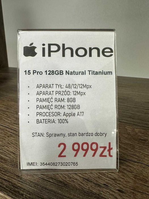 Smartfon Telefon Apple iPhone 15 Pro 128GB Natural Titanium gwarancja