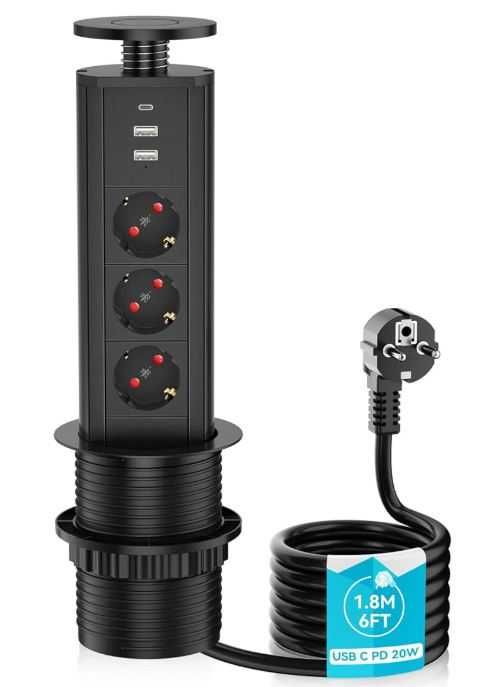 Wysuwane gniazdko elektryczne USB C 20W 3 portami USB, czarne