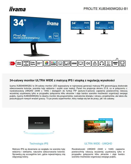 Monitor Iiyama ProLite XUB3493WQSU-B1 34" UltraWide IPS UWQHD 75Hz