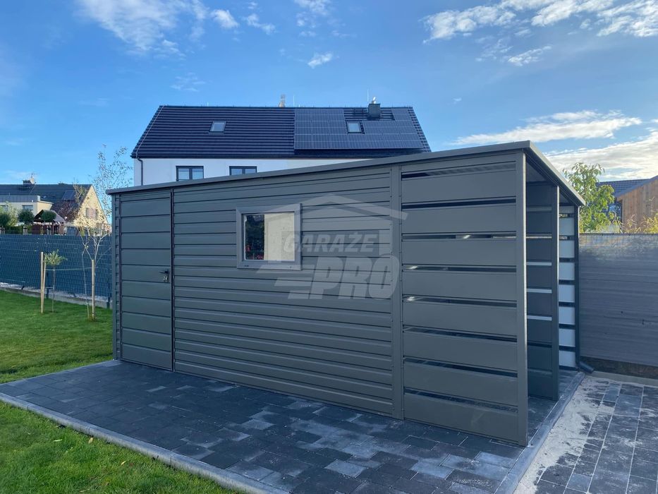 Schowek Domek ogrodowy 3,8x2,5m + wiata 1,2m drzwi okno dach GP459