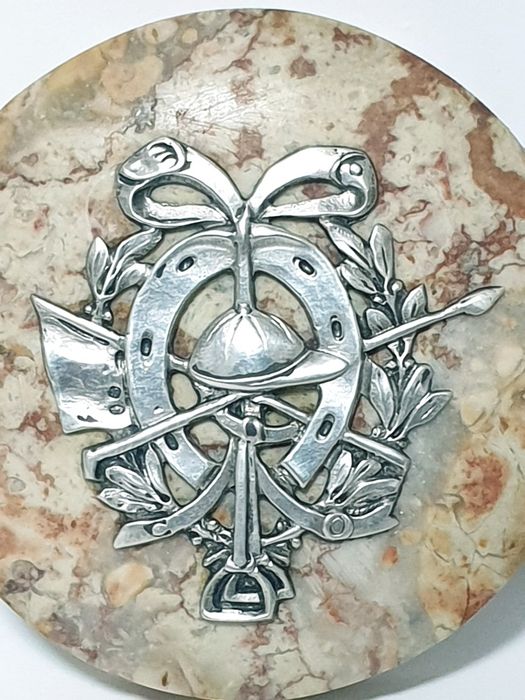 Fantástico antigo pisa papel em mármore e prata-emblemas de Equitação