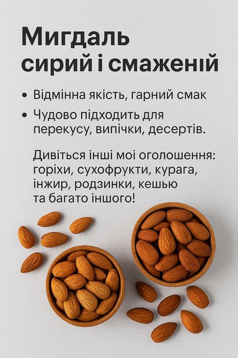 Мигдаль, Фундук, Кешью, Курага, Інжир,Цукати