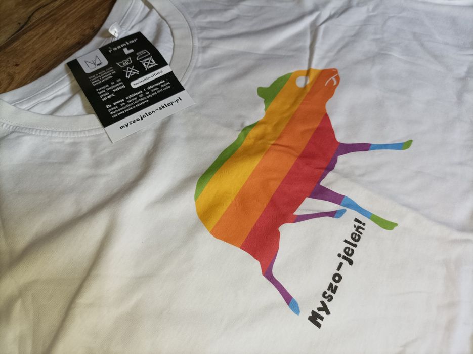 Koszulka z myszojeleniem, tęcza, męska rozmiar L, biała