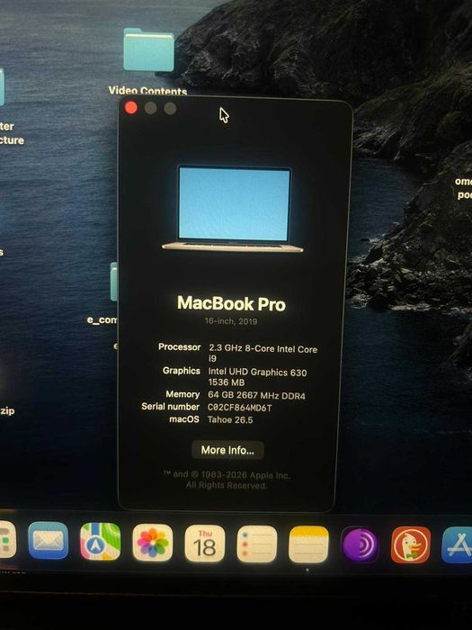 Macbook pro 2019, Intel 9, 64gb RAM, 1TB disk