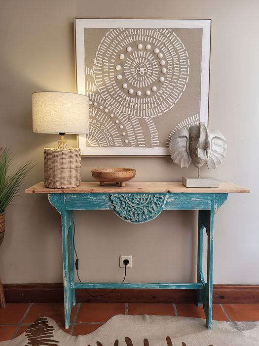 mesa, consola, apoio, decoração, rustico