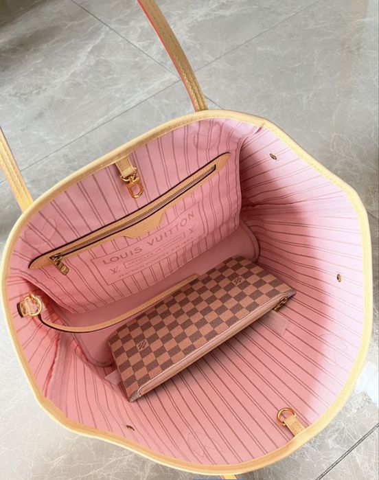 Torebka shopper LV Louis Vuitton Neverfull MM biala kratka różowy