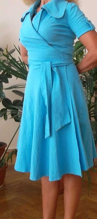 Платье –халат с запахом, на поясе. Cолнце-клеш. Голубое. Коттон 44-46р