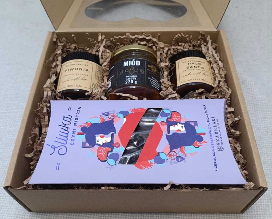 Zestaw Prezentowy 2xŚwieca Sojowa 120+Miód L.220g+Czek. Gorzka SERCE