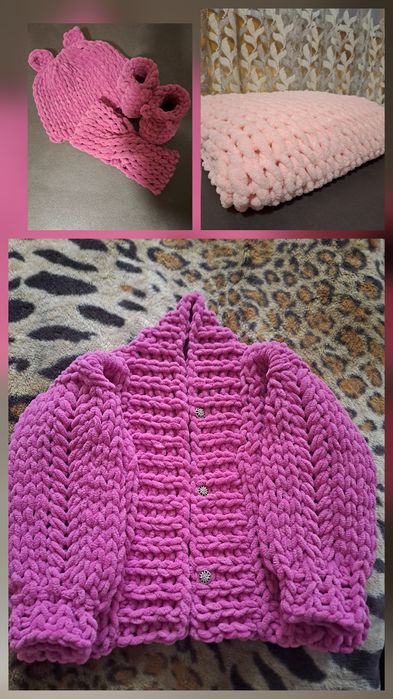 Плетині пледики,кардигани ,шапки, повязки, пінетки.