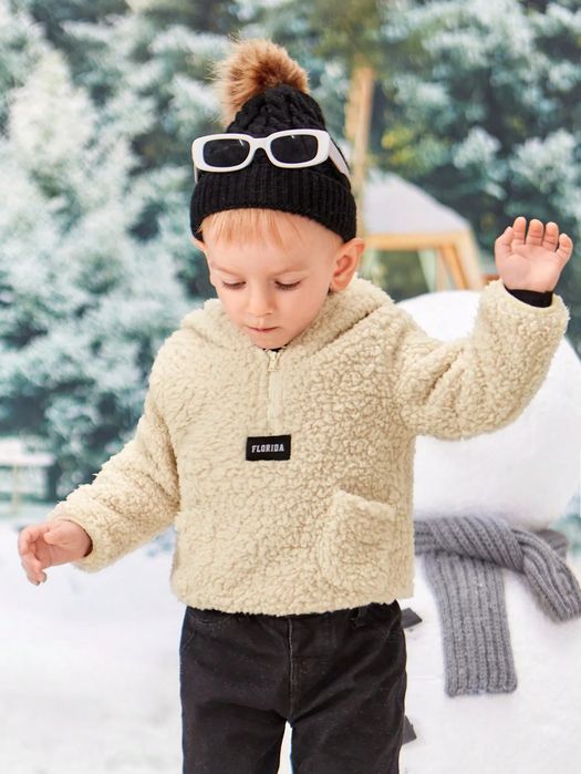 Bluza chłopięca niemowlęca puszysta z katurem typu teddy beżowa SHEIN