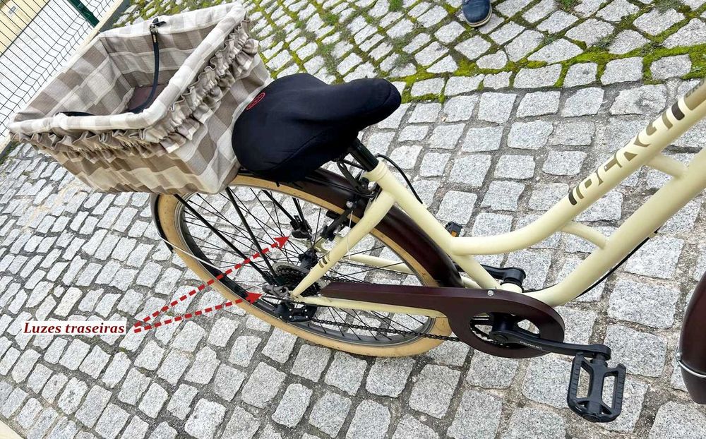 Bicicleta roda 28 com cestos, luzes e retrovisores
