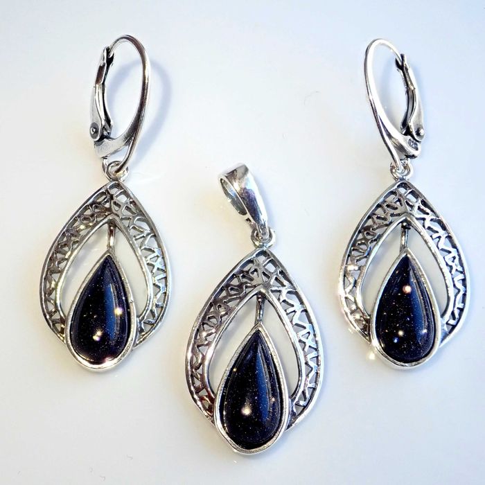 Komplet srebrnej biżuterii. Próba 925. Kamień Noc Kairu.