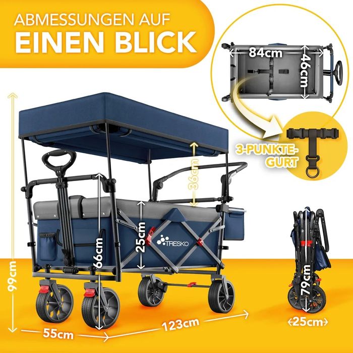 Składany wózek ręczny z niebieskim dachem, komorą chłodzącą i roletami