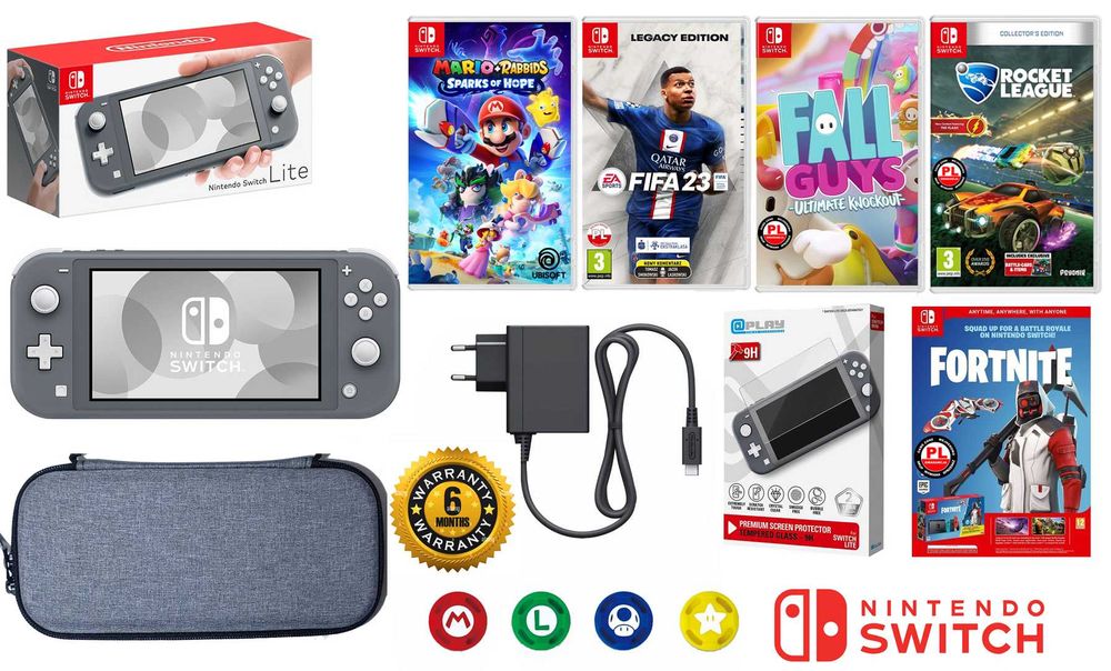 Nintendo SWITCH Lite 32GB + 5 gier + szkło + etui + GW6M / Mario