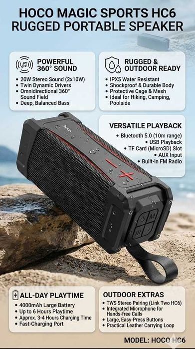 Мощная беспроводная колонка Hoco Magic sports HC6 (20W, IPX5, 4000mAh)