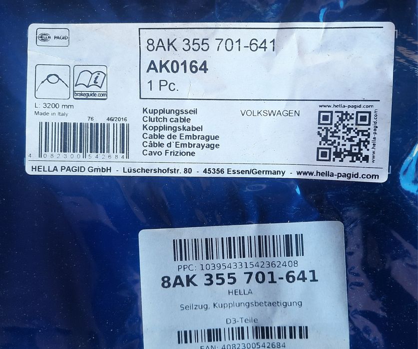 Cabo de embraiagem Hella para VW antigo 3200mm de comprimento