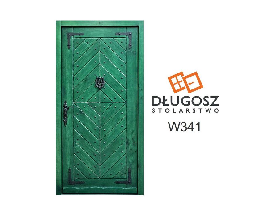 Drzwi DŁUGOSZ drewniane zewnętrzne góralskie jodełka zielone GOTOWE