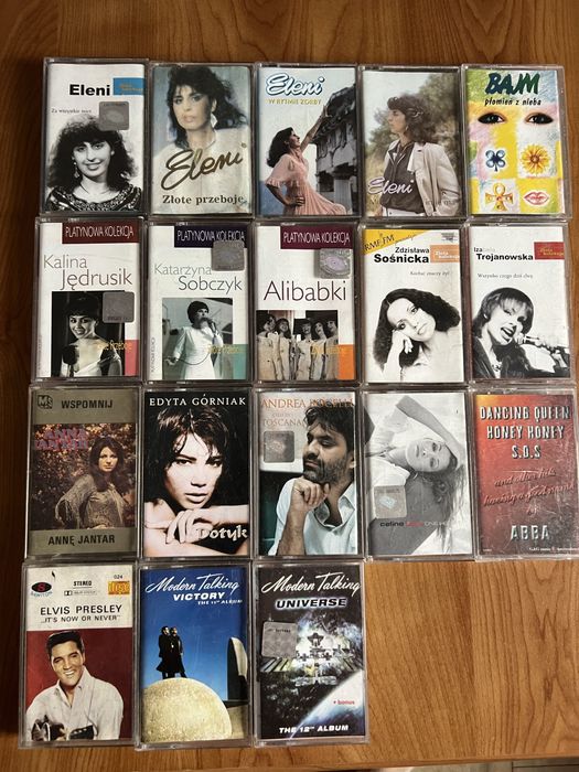 Zestaw 18 kaset Bocelli, Modern Talking, Abba, Bajm, Presley, Jantar.
