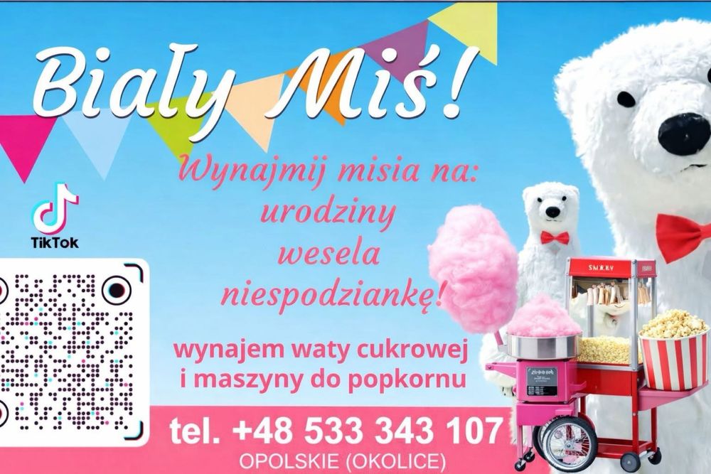 Biały Miś/ Wynajem maszyny do popcornu/ Wynajem maszyny do waty cukrowej