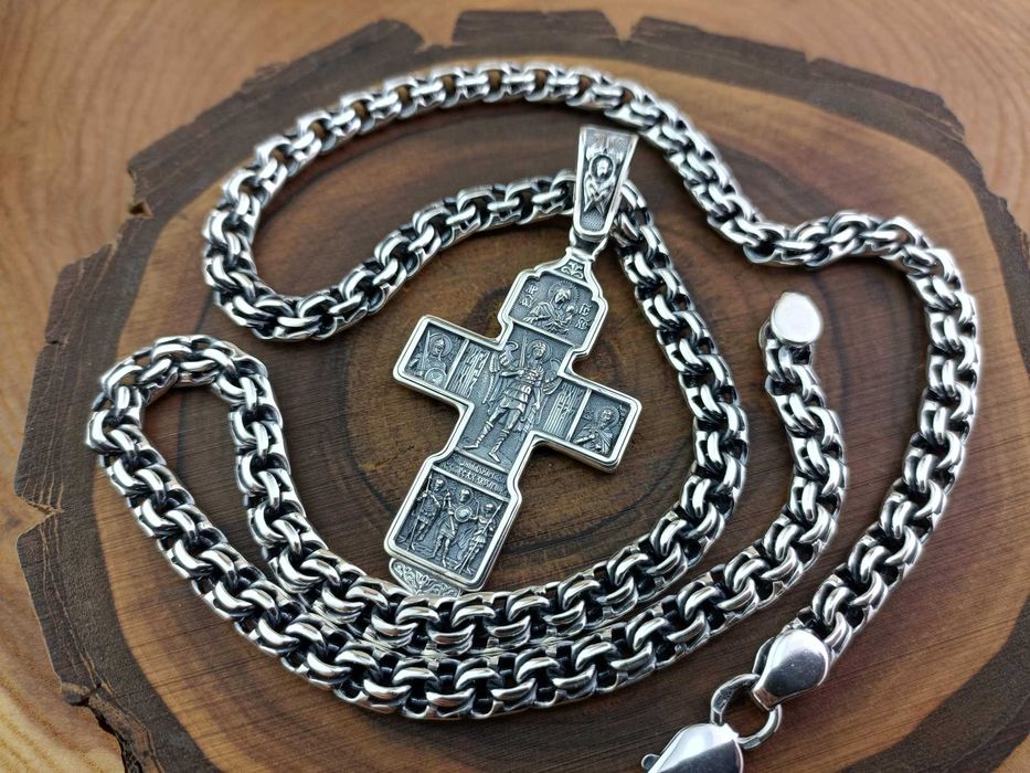 Серебряная цепочка Бисмарк и серебряный крест. Ланцюг Бісмарк хрест