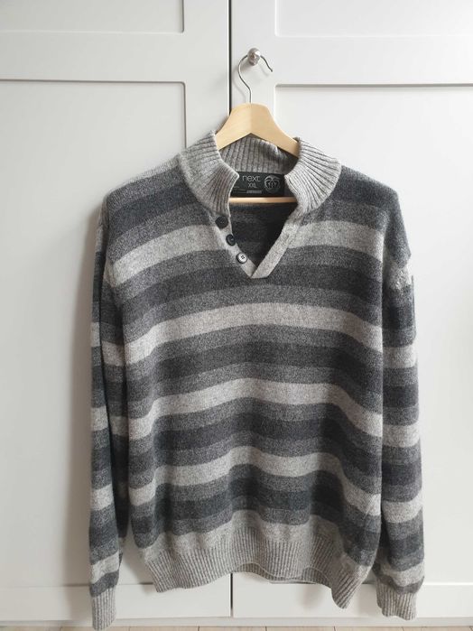 Szary wełniany sweter ze stójką Next 2XL XXL mięciutki w paski