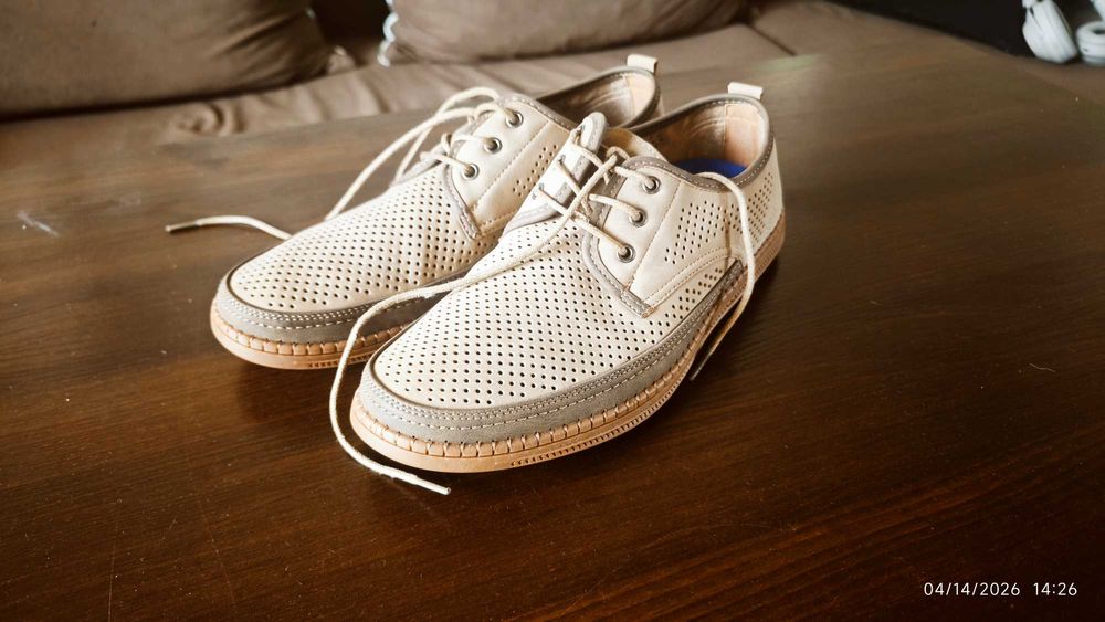 Beżowe Półbuty Mokasyny Męskie Ażurowe Wiązane Lekkie Eleganckie 44