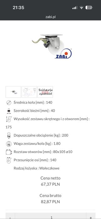 Koło Zabi 140x40 mm w obudowie skretnej z hamulcem