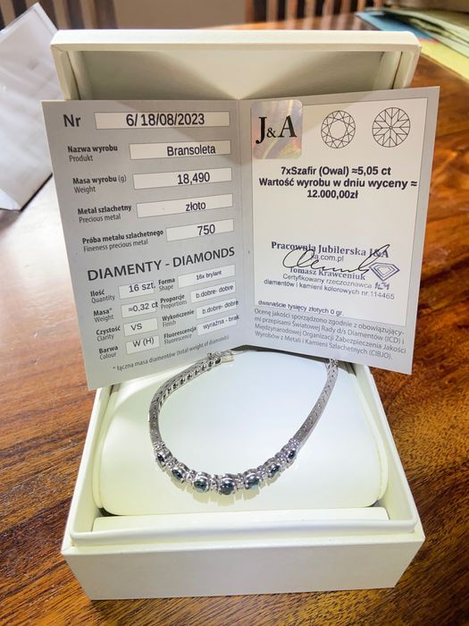 Złota bransoletka z szafirami i diamentami