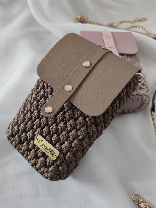 Torebka etui phone bag skóra naturalna szydełkowana