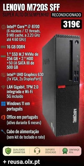 Desktop Lenovo M720s SFF | i7-8700 | 16GB DDR4 | NVMe 256GB + HDD 500GB | W11
