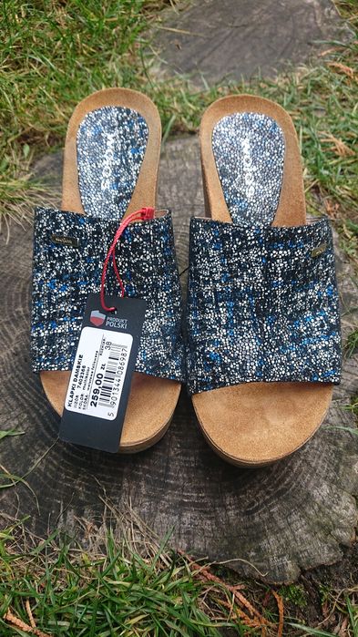 Wojas wielokolorowe skórzane klapki koturny sandały na korku.Venezia