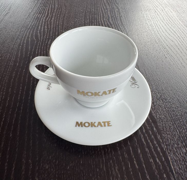 Filiżanka i talerzyk porcelana - nowe, złote napisy