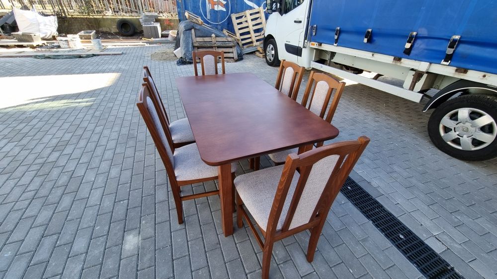 Nowe: Stół 80x140/180 + 6 krzeseł, kasztan + kawa z mlekiem, transPL