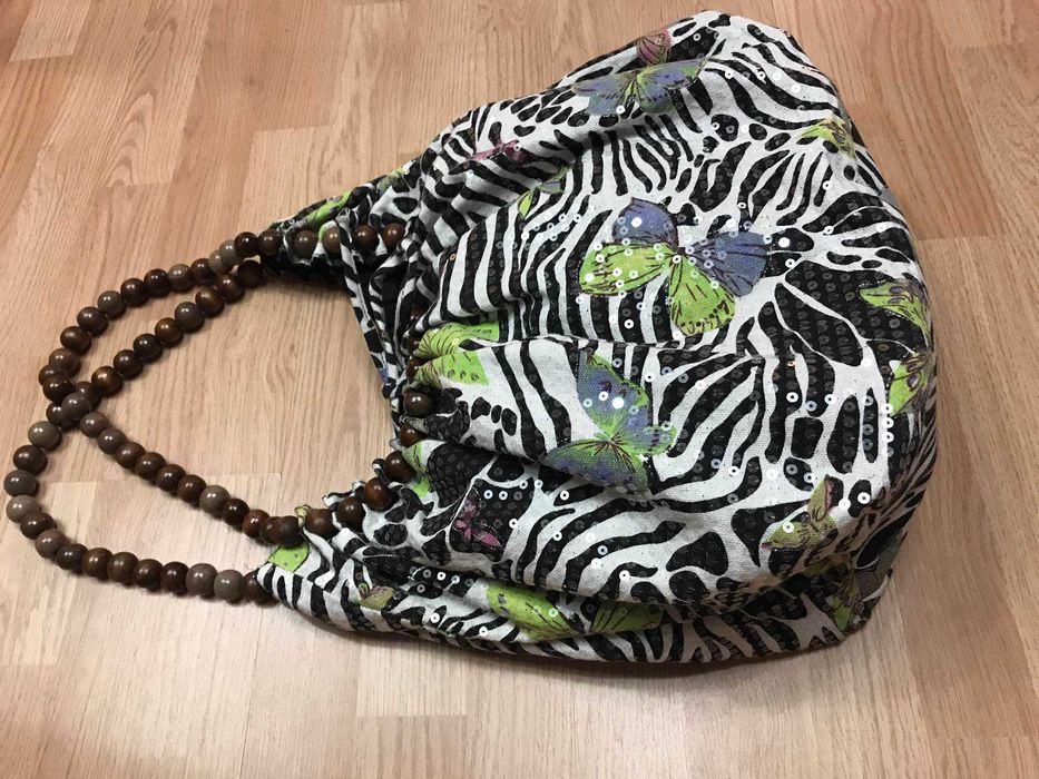 Сумка большая торба текстиль бабочки паетки деревянные бусы