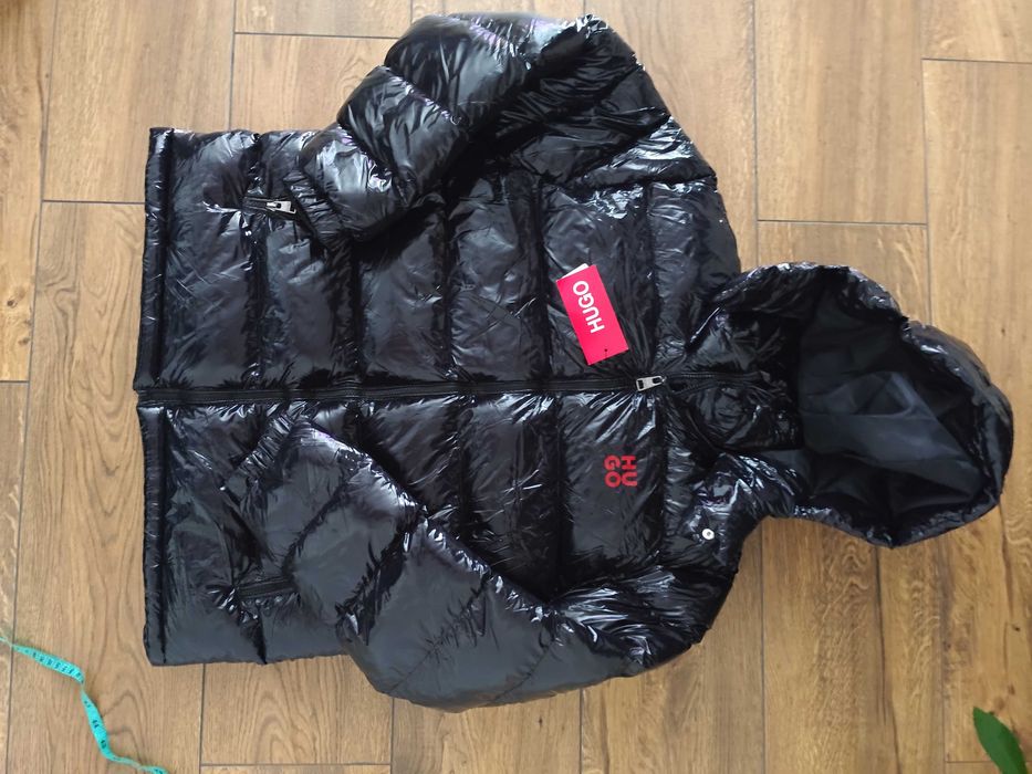 Nowa męska kurtka XXL Hugo Boss lakierowana kaptur czarna zimowa