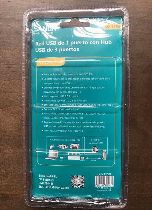 Adaptador USB para rede Ethernet (RJ45) + HUB 3 portas USB