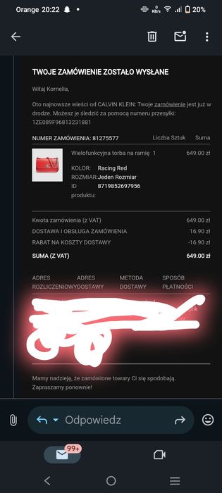 Czerwona torebka Calvin Klein z potwierdzeniem zakupu