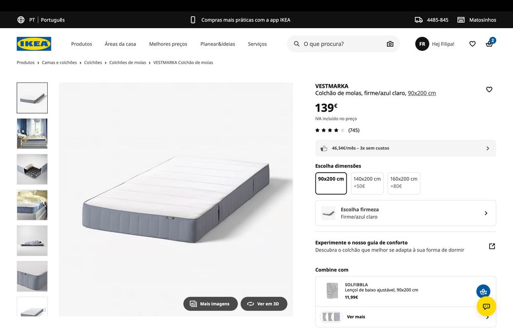Colchão IKEA VESTMARKA 90x200 cm – Como Novo