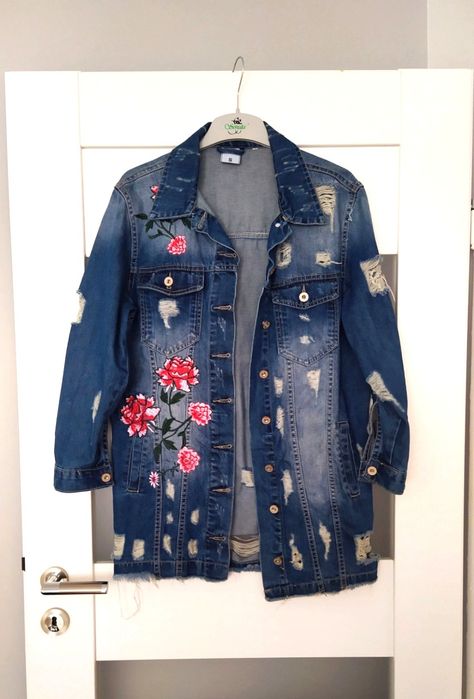 Kurtka jeans,  katana jeansowa, kwiaty, przetarcia, naszywki rozm. S/M