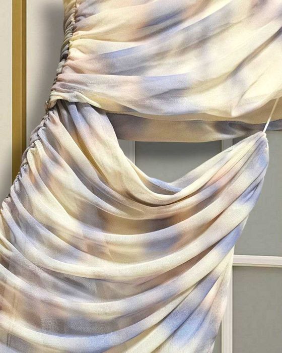 Платье летнее ZARA акварельный принт с драпировкой и вырезом на талии