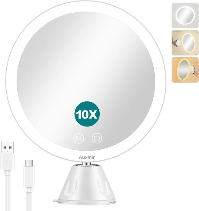 Auxmir Powiększające lustro do makijażu x10 ze światłami LED podświetl