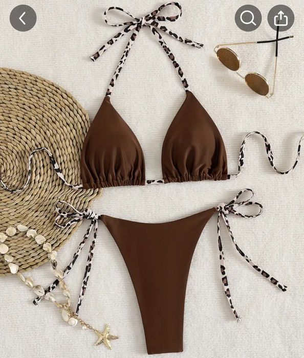 Жіночий купальник коричневий з леопардовим принтом зав'язок