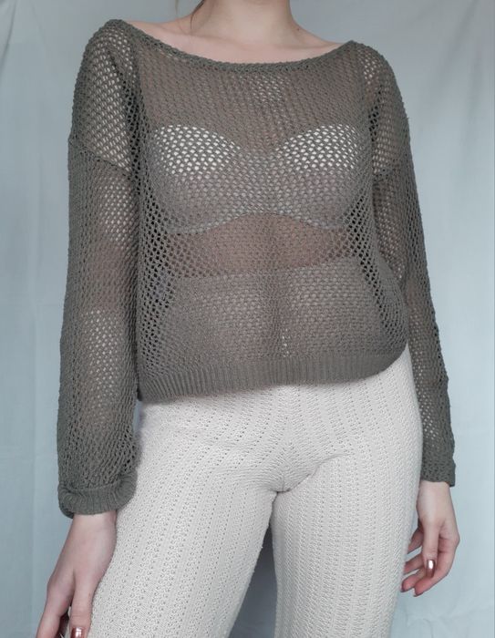 Ażurowy zielony khaki sweter 40 L oversize vintage alternative